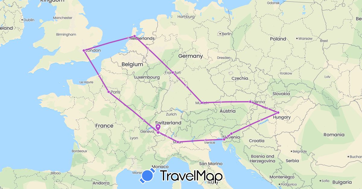 TravelMap itinerary: driving, train in Austria, Switzerland, Germany, France, United Kingdom, Hungary, Italy, Netherlands, Slovenia (Europe)
